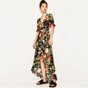 Zara Black Floral Wrap Maxi Dress W/ Red & Green Botanicals Festival Vacay Small